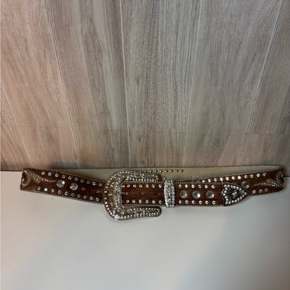 Nocona Genuine Leather Calf Hair on Hide Rhinestone Belt Rodeo Western Bling - Picture 5 of 16